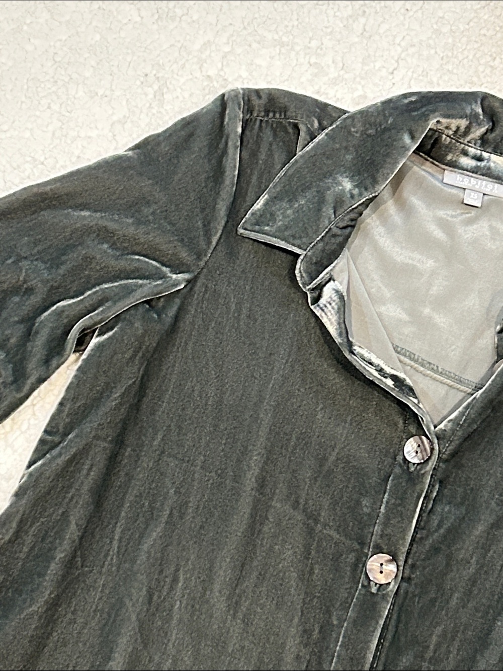 Habitat Velvet Button Down Tunic Blouse Top XS Olive Khaki Green Gray Lagenlook - Picture 4 of 15